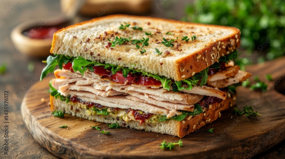 Closeup of a Turkey Cranberry Sandwich on Whole Wheat Bread Closeup of a Turkey Cranberry Sandwich on Whole Wheat Bread