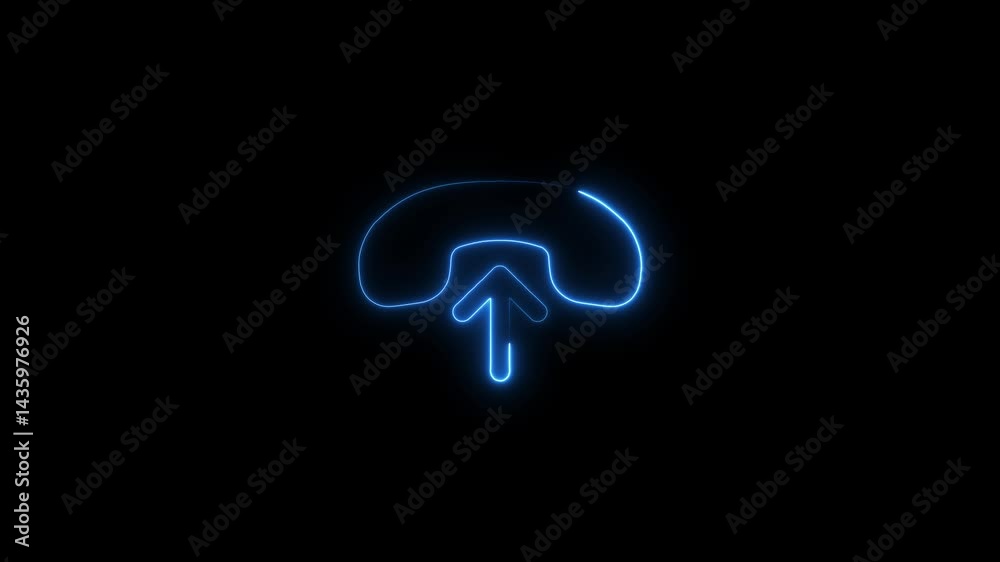 Glowing blue cloud upload icon animation on black background technology concept Glowing blue cloud upload icon animation on black background technology concept