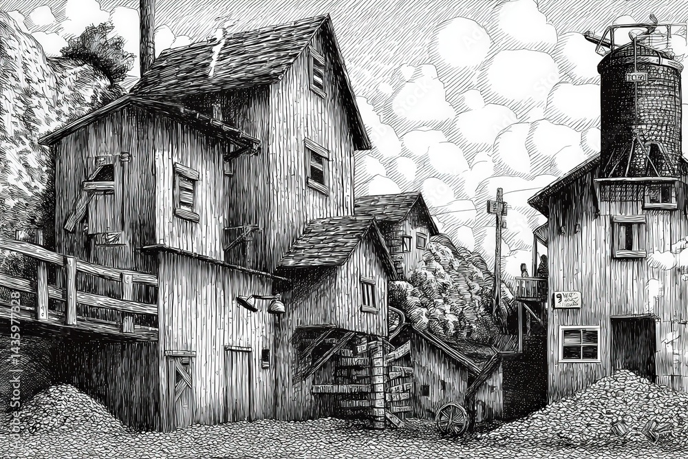 Vintage Hand-Drawn Illustration of Rustic Village with Architecture