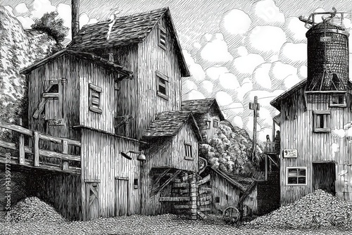Obraz na płótnie Vintage Hand-Drawn Illustration of Rustic Village with Architecture w salonie