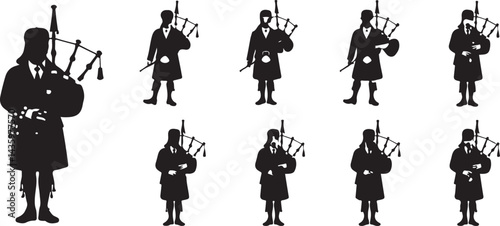 Eight Silhouettes of Bagpipers in Traditional Attire