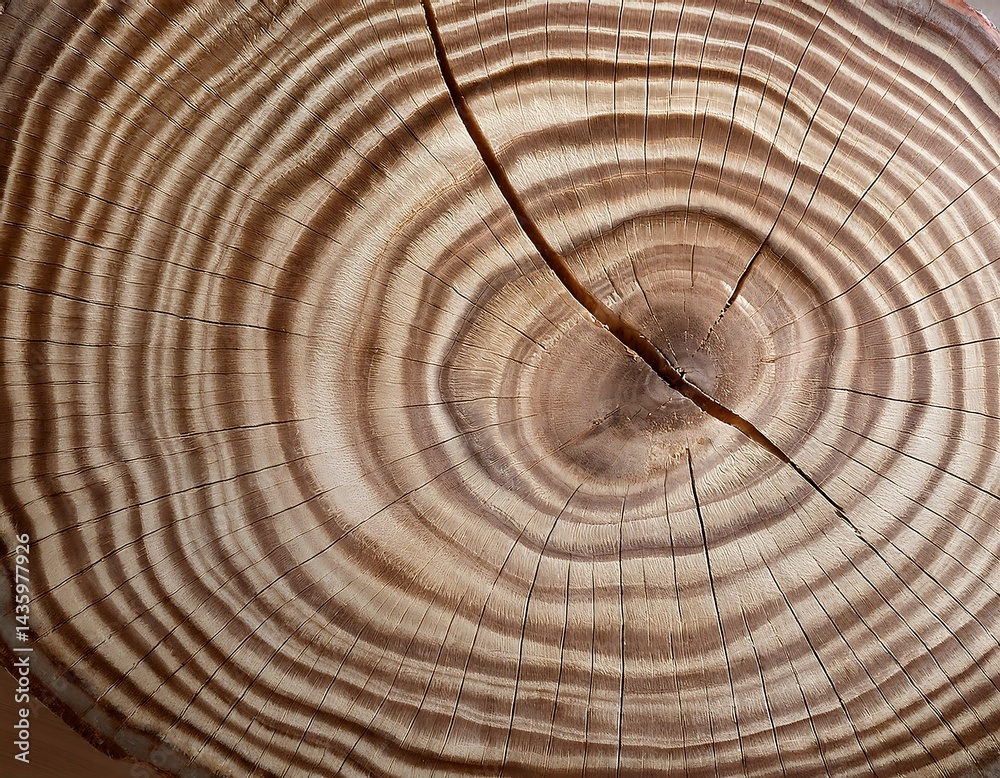 Naklejka premium Close-up of a tree trunk cross-section showing detailed concentric growth rings and natural cracks radiating from the center, highlighting the texture and age of the wood.