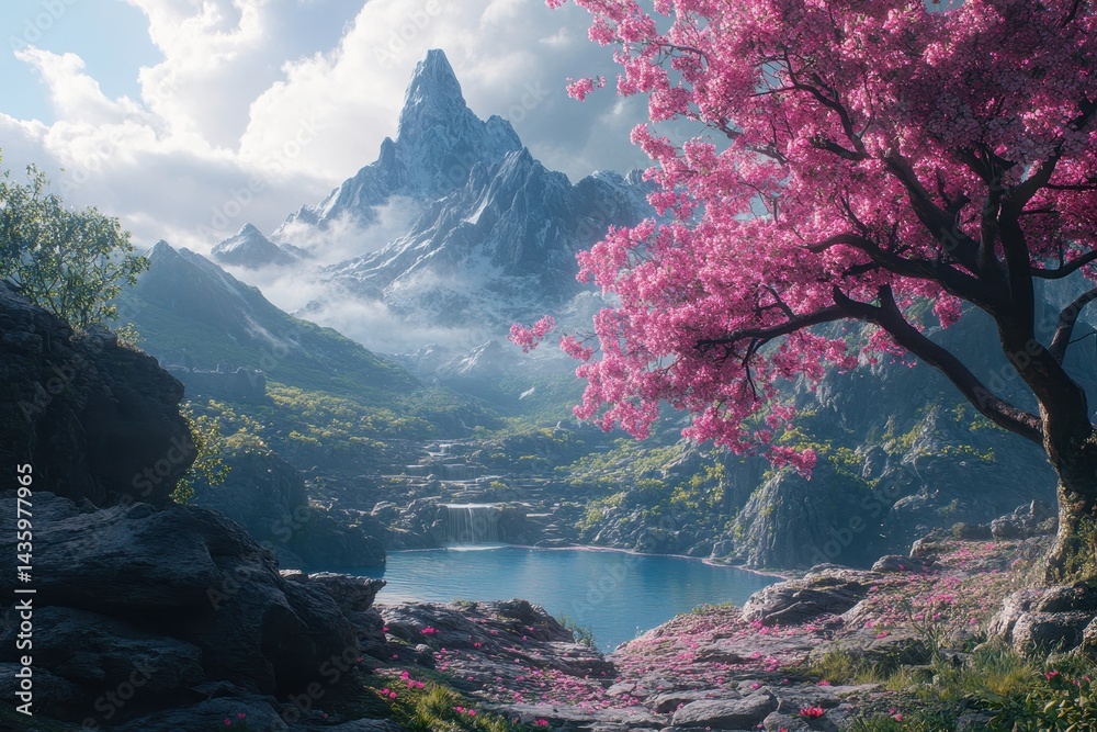 Snowy mountain with pink blossoms, lake and waterfalls on beautiful spring day. Use as wallpaper or background for fantasy themed projects.