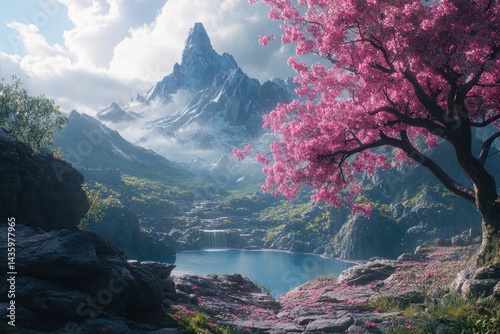 Obraz na płótnie Snowy mountain with pink blossoms, lake and waterfalls on beautiful spring day. Use as wallpaper or background for fantasy themed projects. w salonie