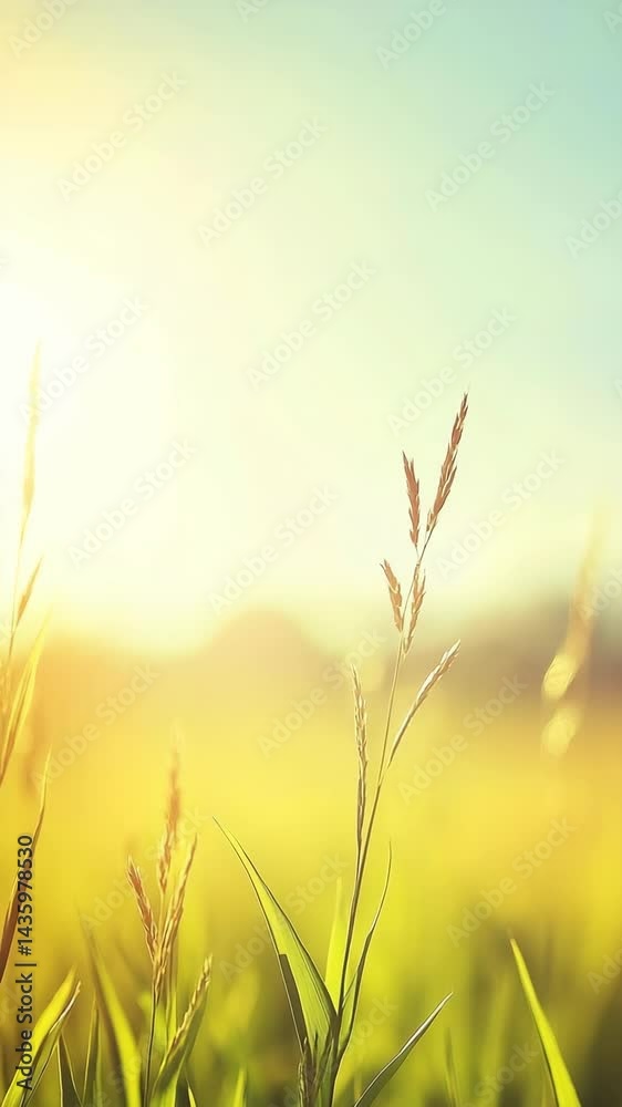 Sunlit meadow with golden light illuminating blades of green grass and seed heads against a soft pastel sky, creating a peaceful scene. Sunlit meadow with golden light illuminating blades of green grass and seed heads against a soft pastel sky, creating a peaceful scene.