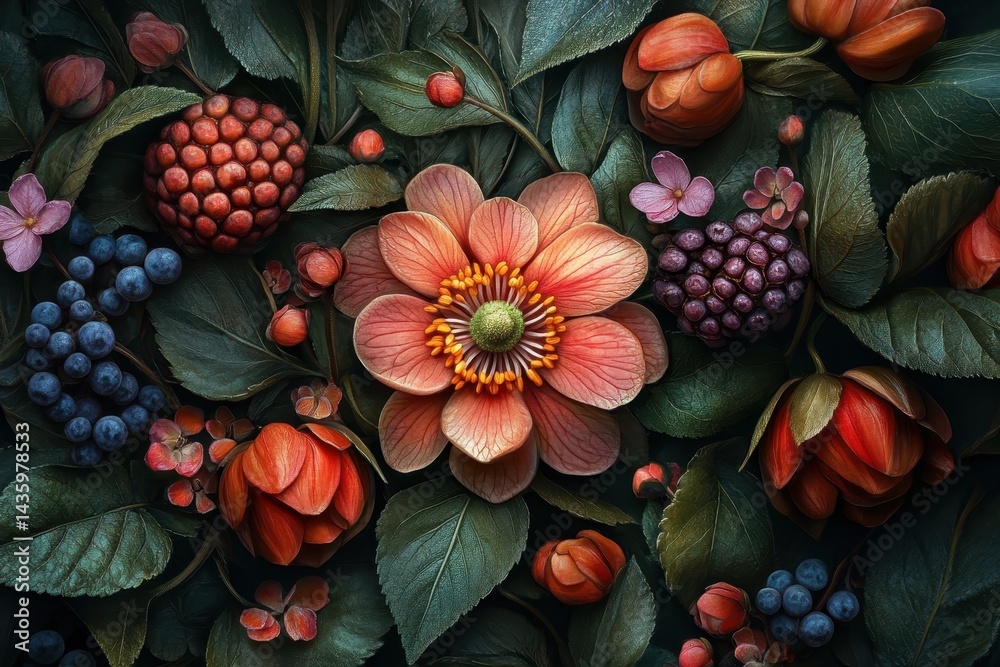 Floral arrangement with blossoms, berries, and leaves on dark background. Perfect for use as a spring themed background or design element.