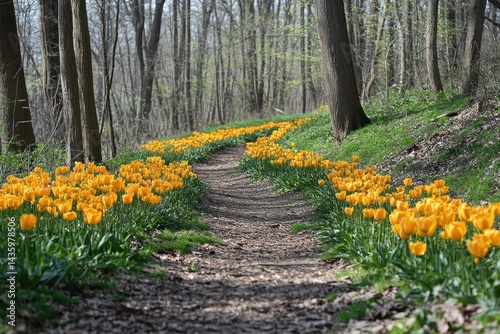 Obraz na płótnie Dirt path through forest is lined with yellow tulips in vibrant spring sunshine. Use for nature, spring, travel, or inspirational and hopeful themed projects. w salonie