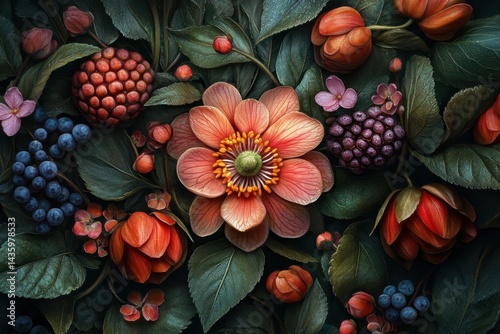 Obraz na płótnie Floral arrangement with blossoms, berries, and leaves on dark background. Perfect for use as a spring themed background or design element. w salonie