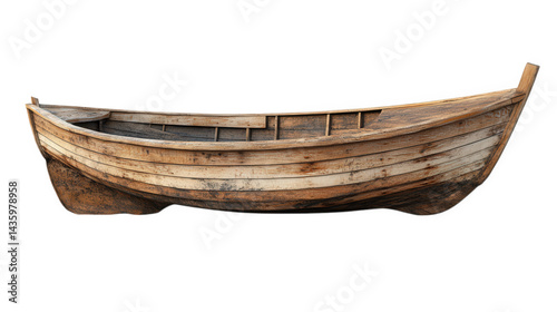 n old. weathered wooden boat. showcasing its rustic design and natural aging the boat is empty. highlighting its structure and craftsmanship. and is set against a plain background. emphasizing its for