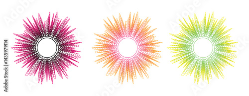 A set of three colorful circular ornaments with spiky edges in pink, orange, and green gradients. Perfect for modern decorative design, digital art projects, and Spectrum Audio.