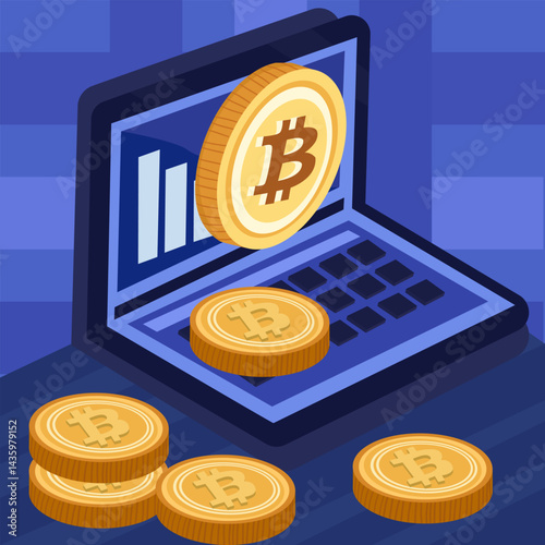 The concept of investing in digital currency funds or ETFs, Bitcoin bar graph displayed on a computer screen.