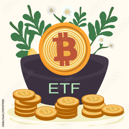 The concept of investing in digital currency founds of ETFs, Cartoon image of a BCT coin on a tree.