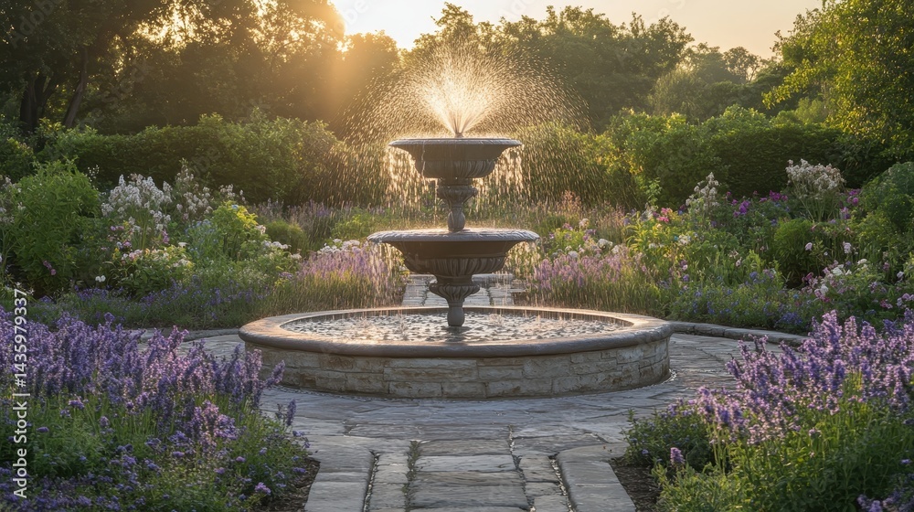 Tiered fountain in blooming garden, sunlit background, and flagstone path. Use for promoting landscaping or a tranquil garden setting.