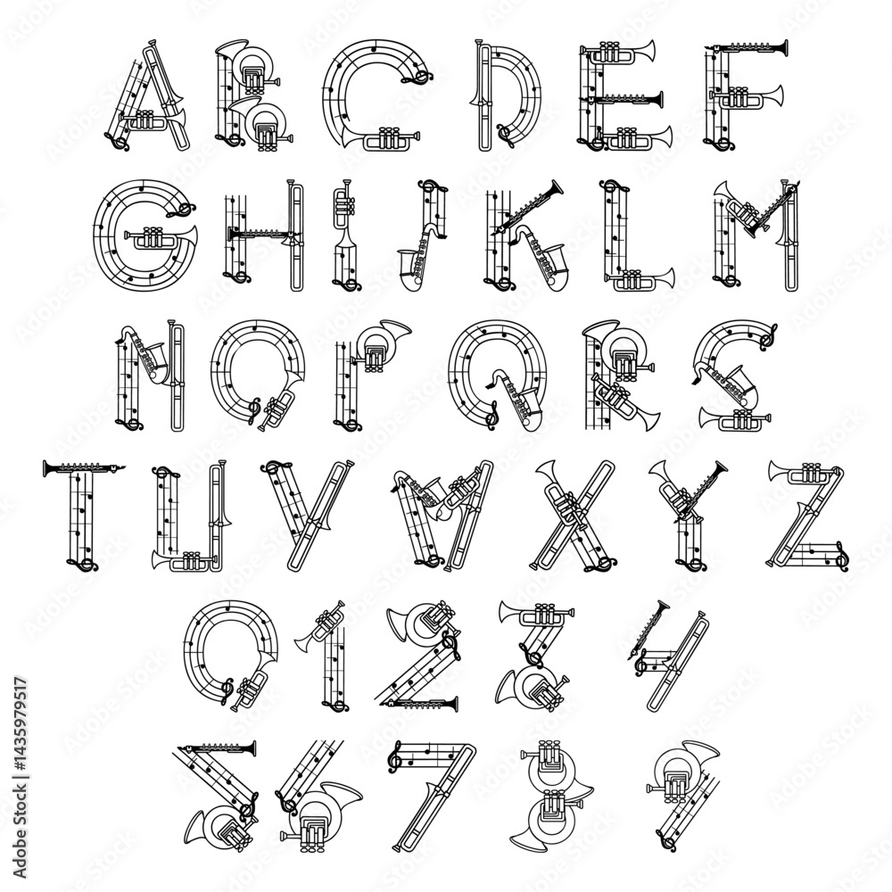 Naklejka premium Musical Alphabet with Instruments and Notes