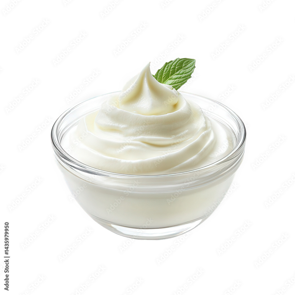 bowl of creamy. whipped yogurt topped with a fresh mint leaf. showcasing a smooth and airy texture this presentation highlights the yogurt's appealing nature. making it suitable for desserts or health