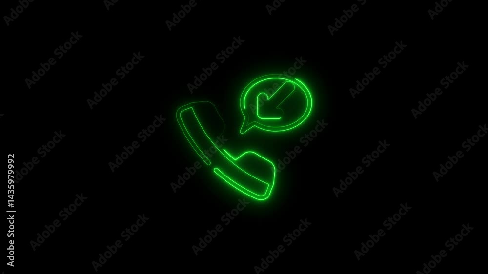 Green neon phone with missed call icon on black background animation Green neon phone with missed call icon on black background animation
