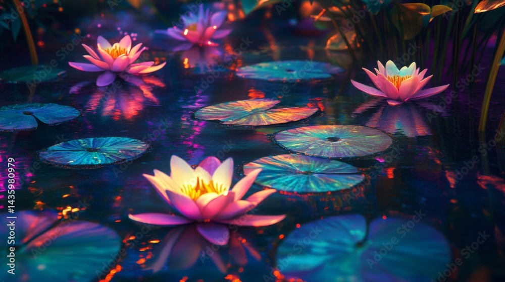 Enchanted Water Lilies in a Dark Pond at Night Enchanted Water Lilies in a Dark Pond at Night