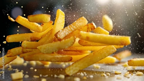 Golden Fries in Motion: A dynamic display of perfectly golden French fries, captured mid-air. Each crisp, inviting fry glistens under a focused light, embodying the simple.