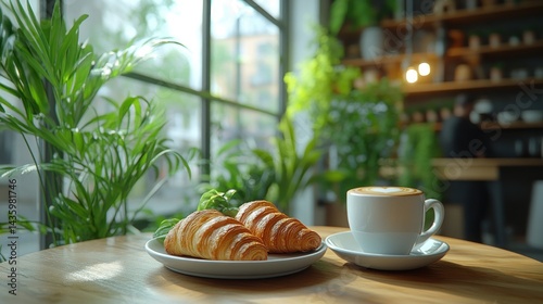 Breakfast at a cafe with croissants and latte