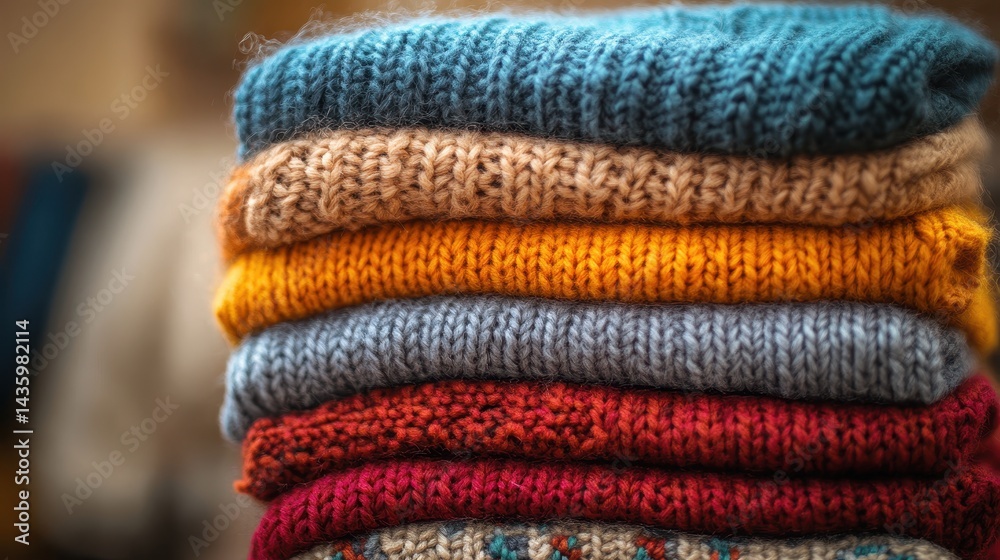 A stack of colorful knitted sweaters, neatly folded and organized. Perfect for winter fashion, cozy lifestyle, and seasonal themes.