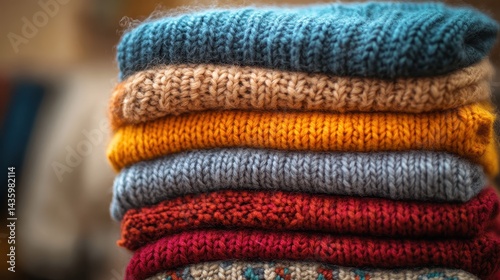 Obraz na płótnie A stack of colorful knitted sweaters, neatly folded and organized. Perfect for winter fashion, cozy lifestyle, and seasonal themes. w salonie