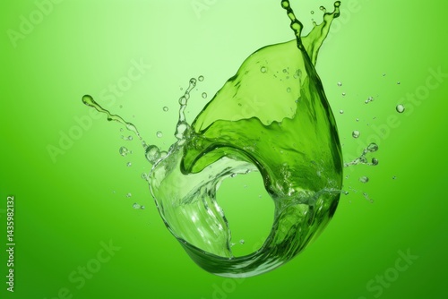 Vivid green water splash creating dynamic shapes against a bright background