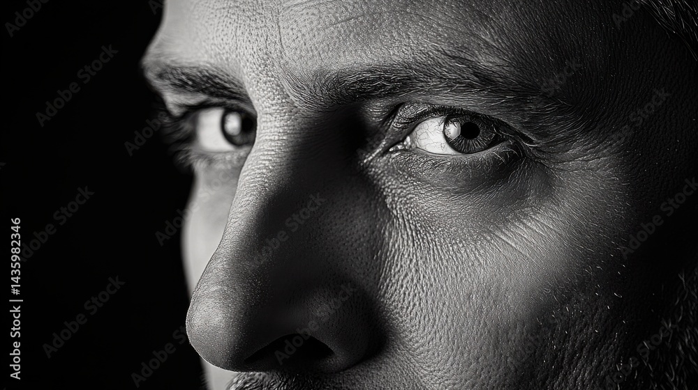 Naklejka premium Close-up portrait of a man highlighting facial features in monochrome tones for dramatic effect in a studio setting