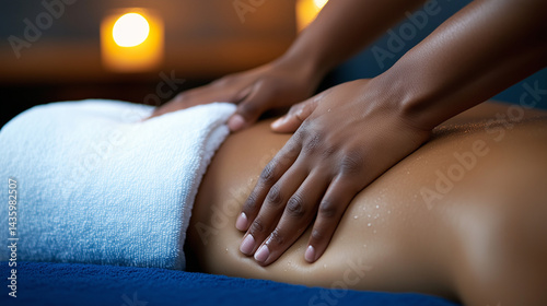 Wallpaper Mural Close-up of a therapistâs hands performing deep tissue massage on a relaxed womanâs back, with warm towels, flickering candles, and herbal aromas filling the peaceful spa environme Torontodigital.ca