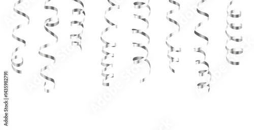 Vector realistic shiny silver metallic decorative hanging party streamers pattern isolated on white background	

