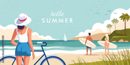Concept of summer party, vacation and travel. A scene at the beach captures couple preparing of surfing, a woman leans on her bike and relaxing by the sea. Vector illustration.