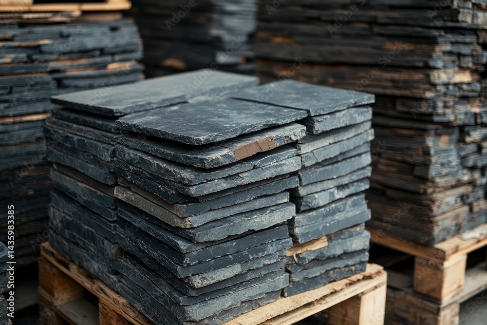 Stacks of dark gray slate tiles sit on wooden pallets. For construction, roofing, or landscaping, textures, rustic, and backgrounds.