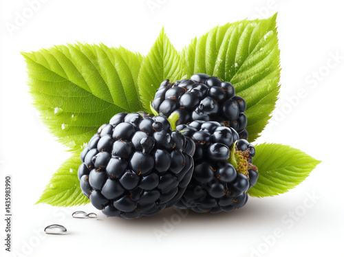 black cherry withe green leaves on white bavkground