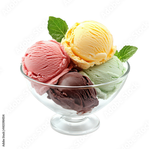 a clear glass bowl filled with four different flavors of ice cream pink. yellow. green. and brown. garnished with fresh mint leaves the vibrant colors and textures of the ice cream. highlighting its a