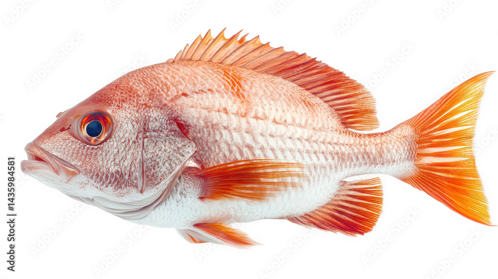 Obraz premium vibrant. fresh fish. specifically a red snapper. displayed against a white background the fish is shown in profile. highlighting its smooth scales. prominent fins. and striking colors. making it suita