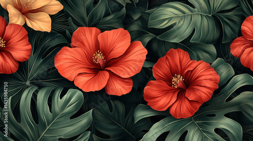 Experience the beauty of vibrant hibiscus flowers contrasted against lush green leaves. This captivating image showcases nature's tropical allure, perfect for decorative use