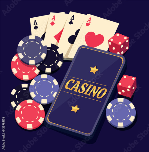 Bright illustration of casino and poker. Vector illustration with phone, with golden casino text, different chips, dice, cards. Ideal for casino projects, roulette, slots on dark purple background