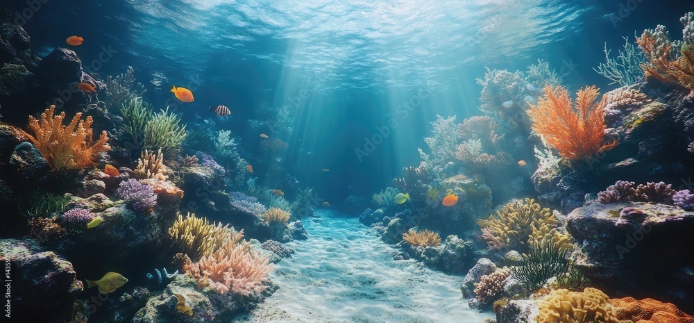 Fototapeta premium Underwater coral reef scene with colorful fish and sunlight