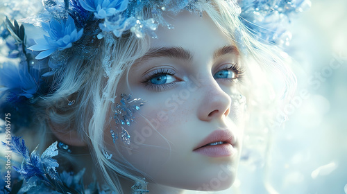 Close-up portrait of a young woman adorned with icy blue flowers.