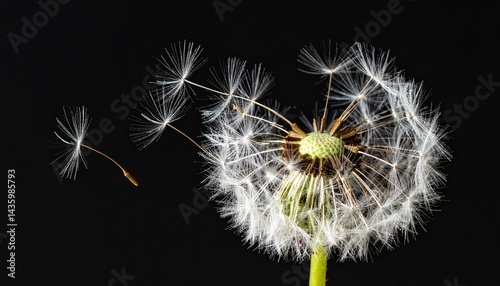 White Dandelion Seedhead Dispersing Seeds Against Black Background – Delicate Seeds in Motion, Elegant Nature Photography, Minimalist Style, and Soft Natural Beauty