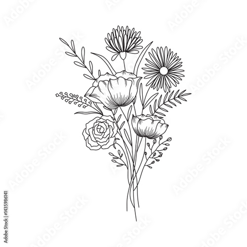Flower bouquet vector. Hand drawn flower. Wildflower line art bouquets, wild plant, botanical vector illustration