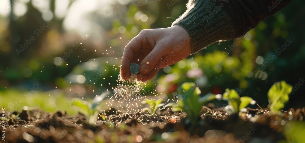Fototapeta premium Hand sowing seeds onto dark soil