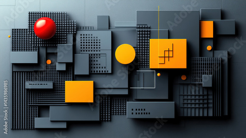 This image features an abstract composition of geometric shapes in vibrant colors on a dark background, showcasing modern design patterns and textures, ideal for creative projects