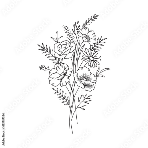 Flower bouquet vector. Hand drawn flower. Wildflower line art bouquets, wild plant, botanical vector illustration