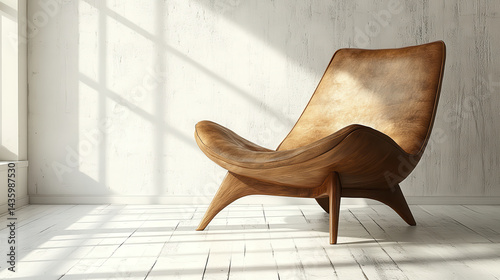 This image showcases an elegant wooden chair set in a bright minimalist room. Natural light highlights its unique design, emphasizing warmth and comfort
