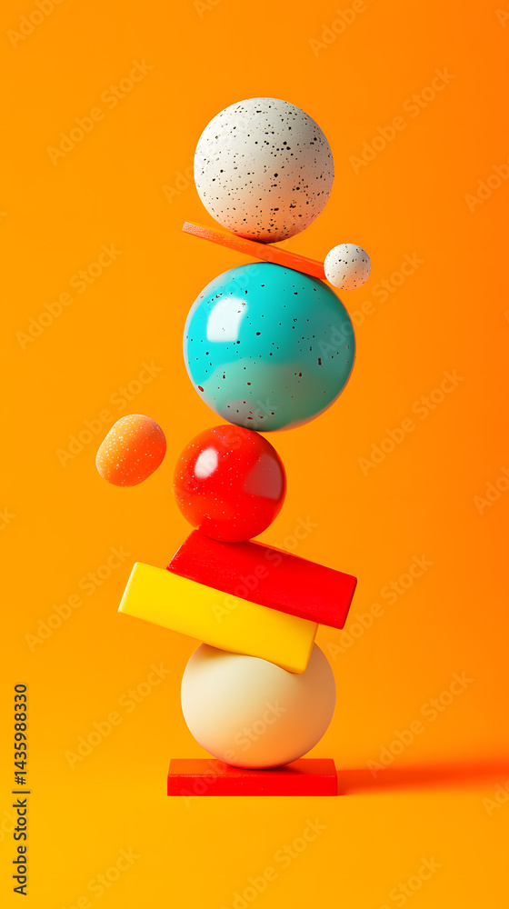 Vibrant Colorful 3D Abstract Sphere and Geometric Shape Balance Composition Orange Background