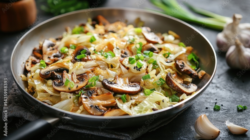 Delicious stir-fried cabbage with mushrooms and sesame seeds in a skillet. Use this image for healthy recipes, cooking blogs, and food advertisements.