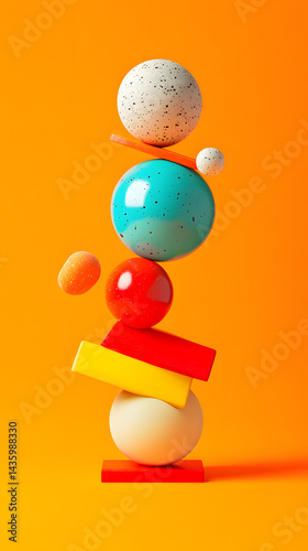 Obraz na płótnie Vibrant Colorful 3D Abstract Sphere and Geometric Shape Balance Composition Orange Background w salonie
