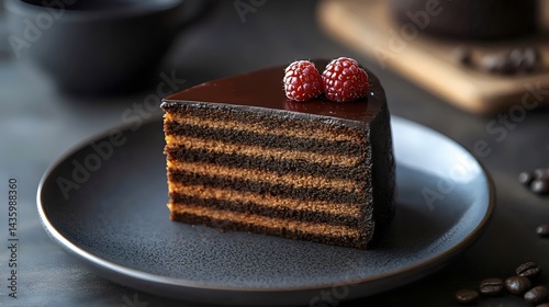 A delectable slice of layered chocolate cake, garnished with fresh raspberries, on a gray plate.