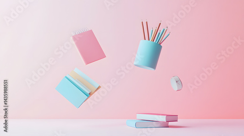 Pastel Stationery Floating Pink Background Books Pencils Notebooks Clock Education Concept