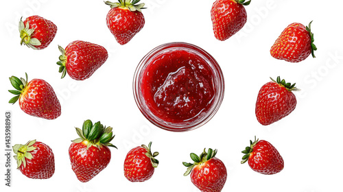 jar of strawberry jam at the center. surrounded by fresh strawberries on a white background this visually appealing arrangement emphasizes the deliciousness and freshness of the ingredients. highlight